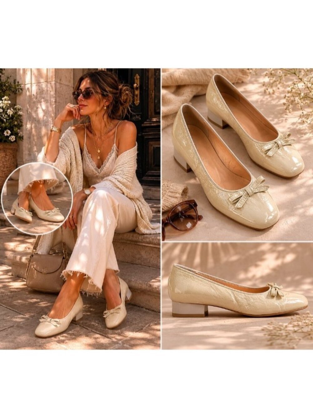 Ara Women’s Beige Leather Ballet Flats Bow Comfort Low Heel Shoes US 8 EU 38.5